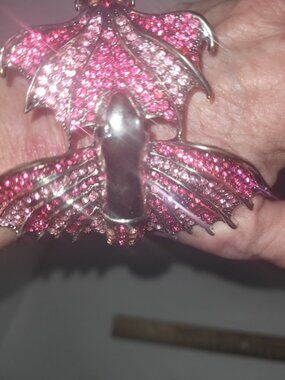 Unique Winged Dragon Pink Rhinestones Hinged Bangle Bracelet Silver Tone  Metal